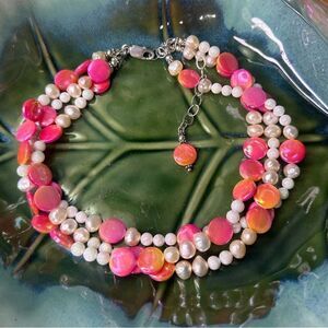 Triple Layer Statement Necklace Genuine Freshwater Pearls Hot Pink & Orange